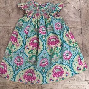 Pink and Green Smocked Sundress with Flutter Cap Sleeves